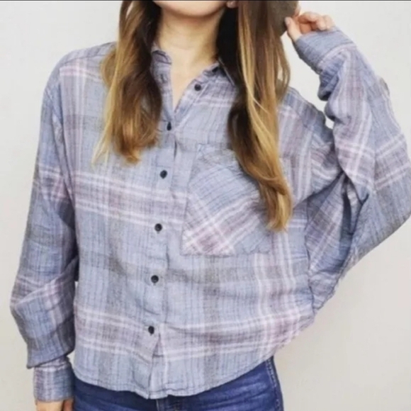 Free People Cutie Metallic Plaid Blue Dolman Cropped Button Down Boho‎ Chic XS - Picture 1 of 10